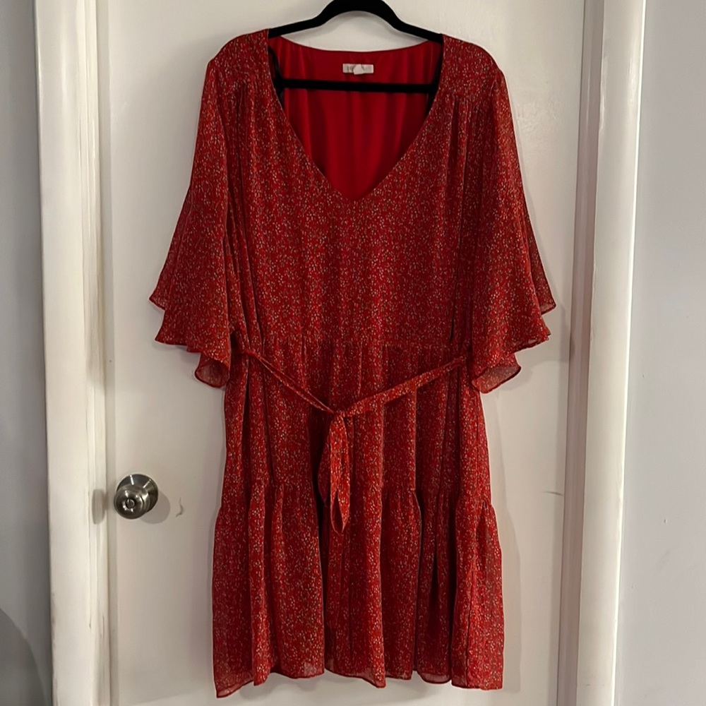 Avenue loralette red floral dress with flowy sleeves and tie waist.